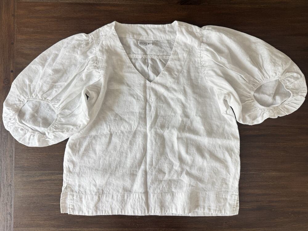FOIL Crisp Linen Blouse Shirt Womenβs Medium 8 Puff Sleeve Relaxed Top